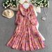 Women's Clothing Retro Print Ruffled V Neck Puff Sleeve Dress Waist Slimming Pleated Long Skirt_ecoleips.com