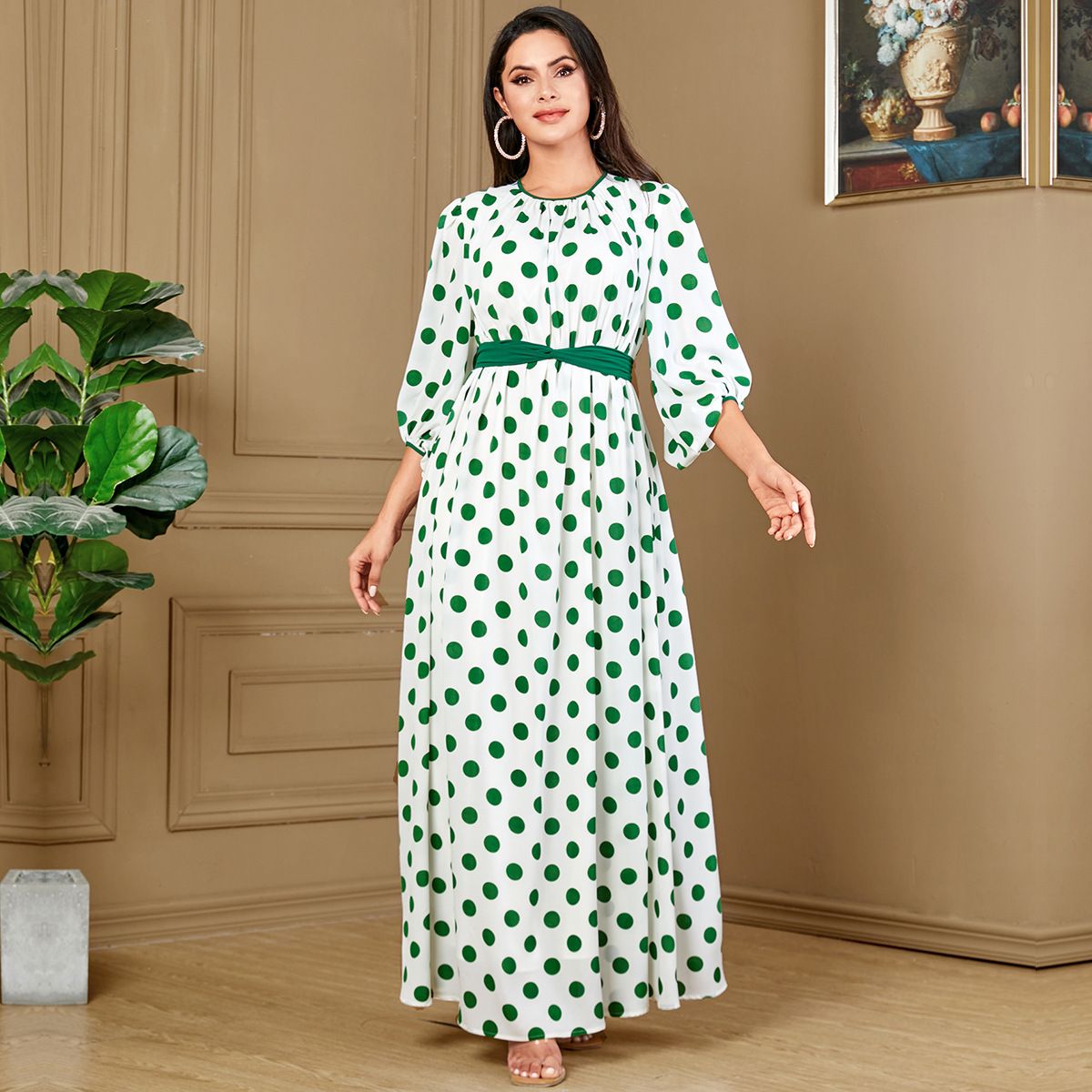 Muslim Dress Women's Arabian Dubai Lantern Sleeve Dress Fashion Print Long Robe With Polka Dot Design_ecoleips.com