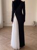 Women's Long Sleeve Color Block Pleated Dress Asymmetrical Two-in-One Design Clothing_ecoleips.com