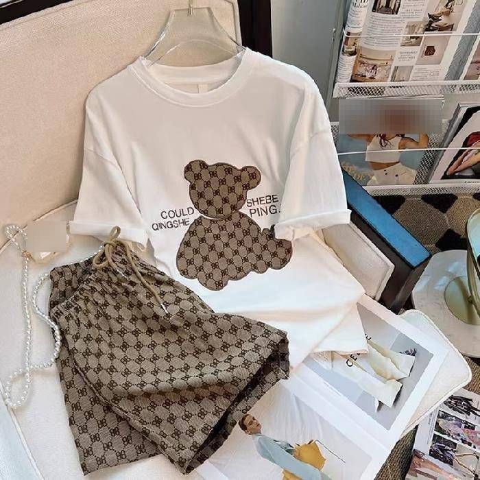 Women's Summer Two-Piece Set - Chic Bear Print T-Shirt & Shorts, Lady Boss Street Style Outfit For Trendy Looks_ecoleips.com