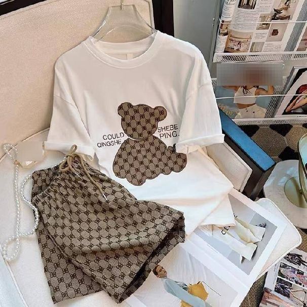 Women's Summer Two-Piece Set - Chic Bear Print T-Shirt & Shorts, Lady Boss Street Style Outfit For Trendy Looks_ecoleips.com