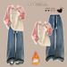 OLO Collar Print Half-Zip Top & Drawstring Fleece Jeans Set – Retro Casual Outfit (Blue/Pink Options)_ecoleips.com