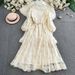 "Elegant Stand-Up Collar Floral Embroidery Dress With Lantern Sleeves & Tie Waist – Vintage-Inspired Long Dress For Women"_ecoleips.com