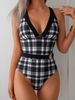 Women's Plaid One Piece Swimsuit V Neck Summer Fashion Slim Fit Polyester Swimwear For All Seasons_ecoleips.com