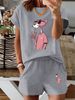 Summer New Pink Cartoon Animal Print T-Shirt, Casual Round Neck Short Sleeve Top With Elastic Waist Pocket Women's Two-Piece Set-295_ecoleips.com