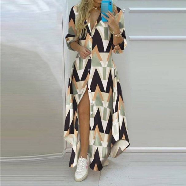 Women's Temperament Printed Shirt Dress Single Breasted Slit Long Skirt Spring Wear Regular Fit Autumn_ecoleips.com