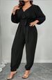 Curvy Women Solid Surplice Neck Jumpsuit, Long Sleeve Elastic Ankle Cuffs Waist Belt Elegant Autumn Casual Romper_ecoleips.com