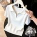 Gray Collared Knit T-Shirt Casual Zipper Design Women's Top Spring Summer Style Youthful New_ecoleips.com