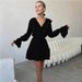 Cross-border V-neck For Women, 2024 Autumn New Style, Bell-sleeve Dress, European And American Style Short Chiffon Dress_ecoleips.com