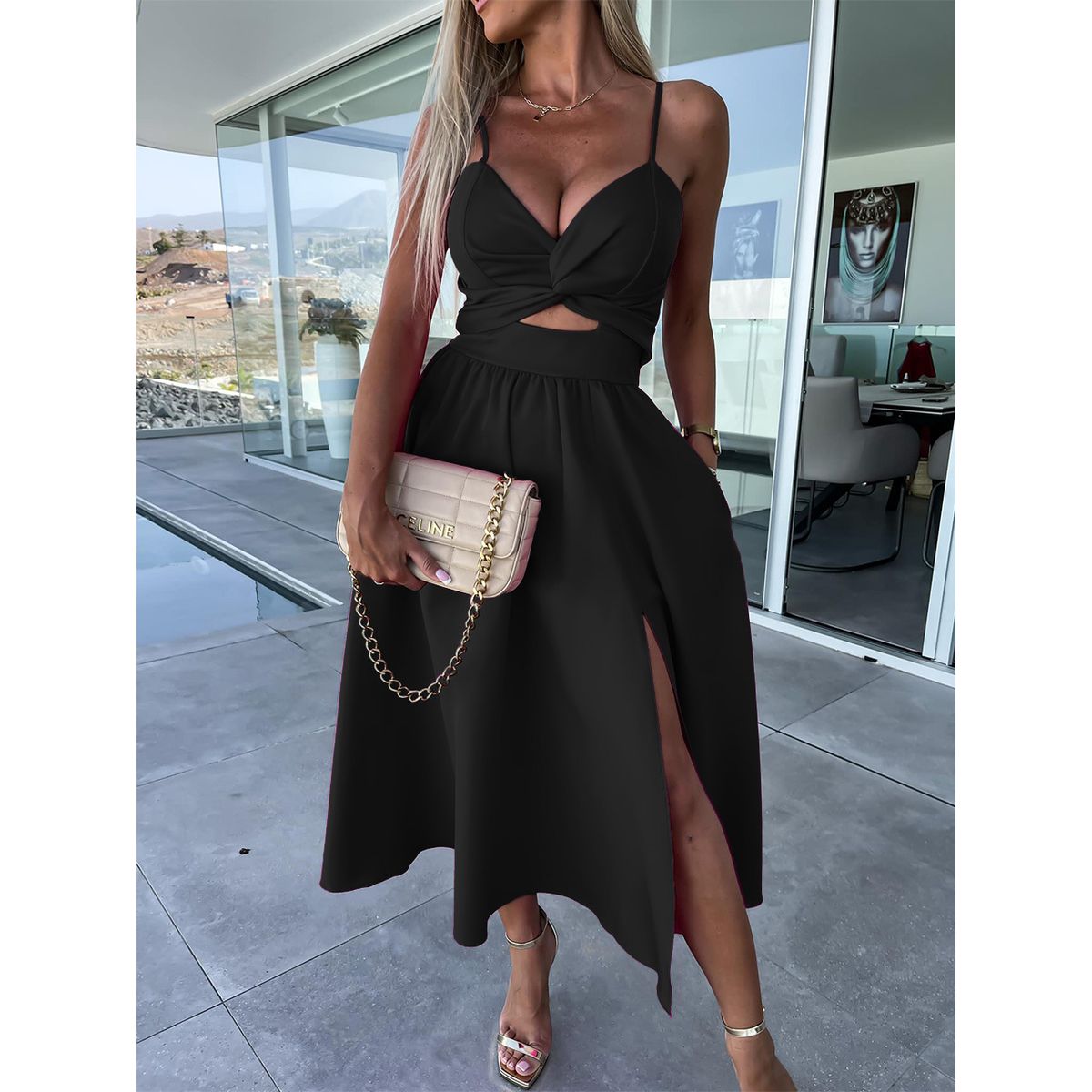 Women’s Clothing Fashion Deep V Hollow Out Large Hem Split Sling Dress Dress_ecoleips.com