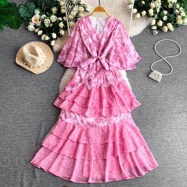 Women's Romantic Pastoral Style Floral Print Dress Bell Sleeve Slimming Elegant Ruffled Long Skirt Summer Vacation Fashion_ecoleips.com