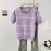 Women's Clothing Contrast Color Round Neck Beaded Hollow Short Sleeve Knitted Sweater Summer New Style All Match Sweet Age Reducing Slim Fit Tops_ecoleips.com