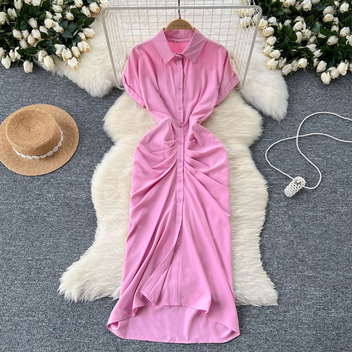 Elegant Sophisticated Mid Length Shirt Dress For Women With Subtle Pleats Single Breasted Buttons Slimming Waist_ecoleips.com