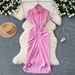 Elegant Sophisticated Mid Length Shirt Dress For Women With Subtle Pleats Single Breasted Buttons Slimming Waist_ecoleips.com
