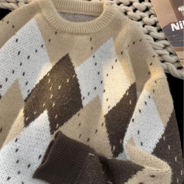 girl Christmas Couple Outfit Autumn Winter Ins Trend Loose Argyle Round Neck Pullover High-end Lazy Style Knitted Sweater_ecoleips.com