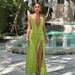 Women's Clothing Summer Fashion Sexy Slim V Neck Hot Girl Solid Color Halter Neck Slit Dress Style For Formal & Casual For Women_ecoleips.com