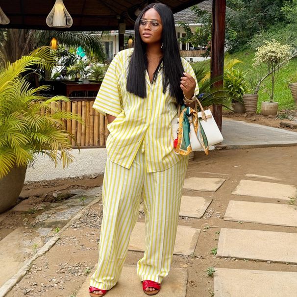 Women's Clothing Striped Loose Top Plus Size High Waisted Trousers Casual Fashion New Short Sleeved Set_ecoleips.com