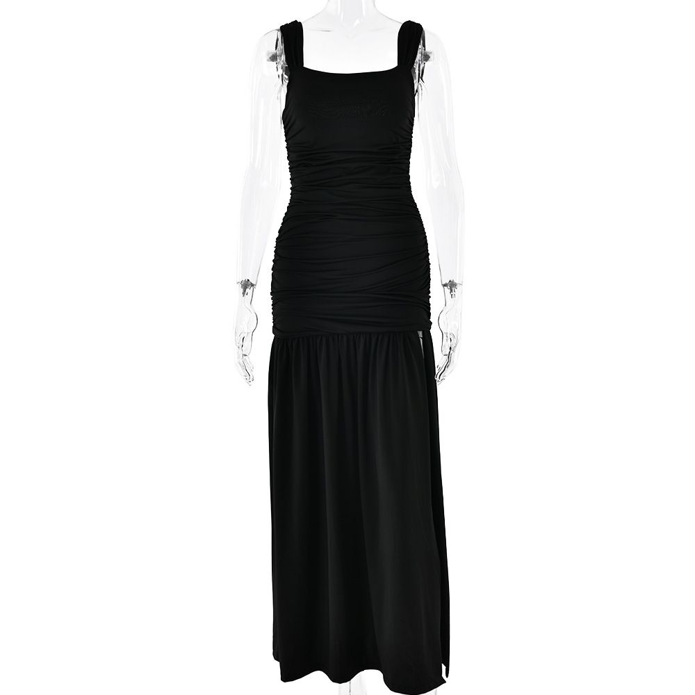 Sexy Hot Girl Bodycon Dress Spaghetti Strap Open Back Design Ruched Details High Split Slimming Tight Party Dress For Women_ecoleips.com