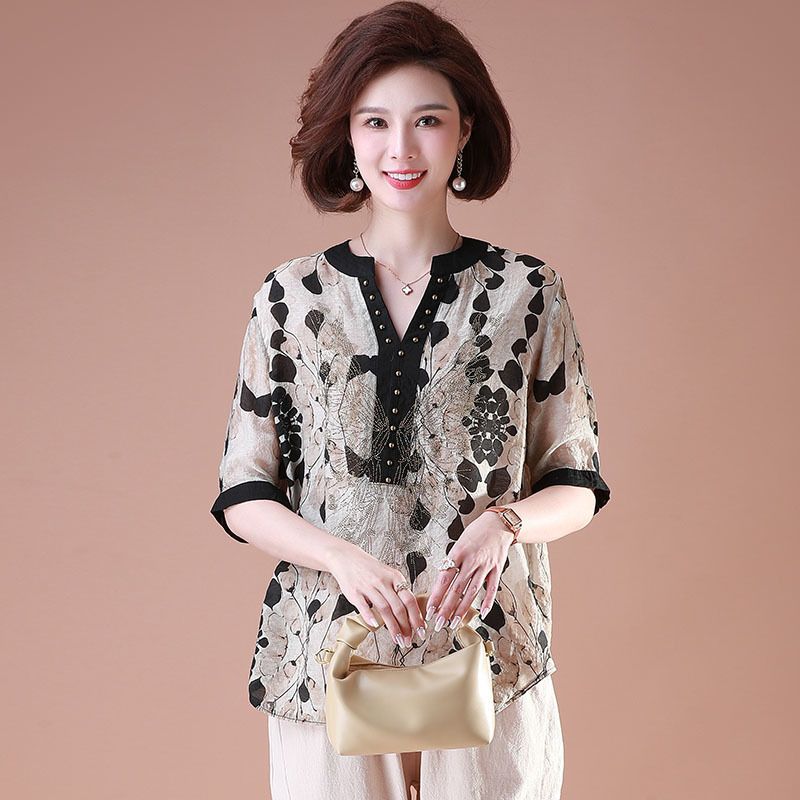 Mom Outfit 2025 New Style For Middle-aged And Elderly Women Summer Short Sleeve Shirt Plus Size Tummy Covering Top_ecoleips.com