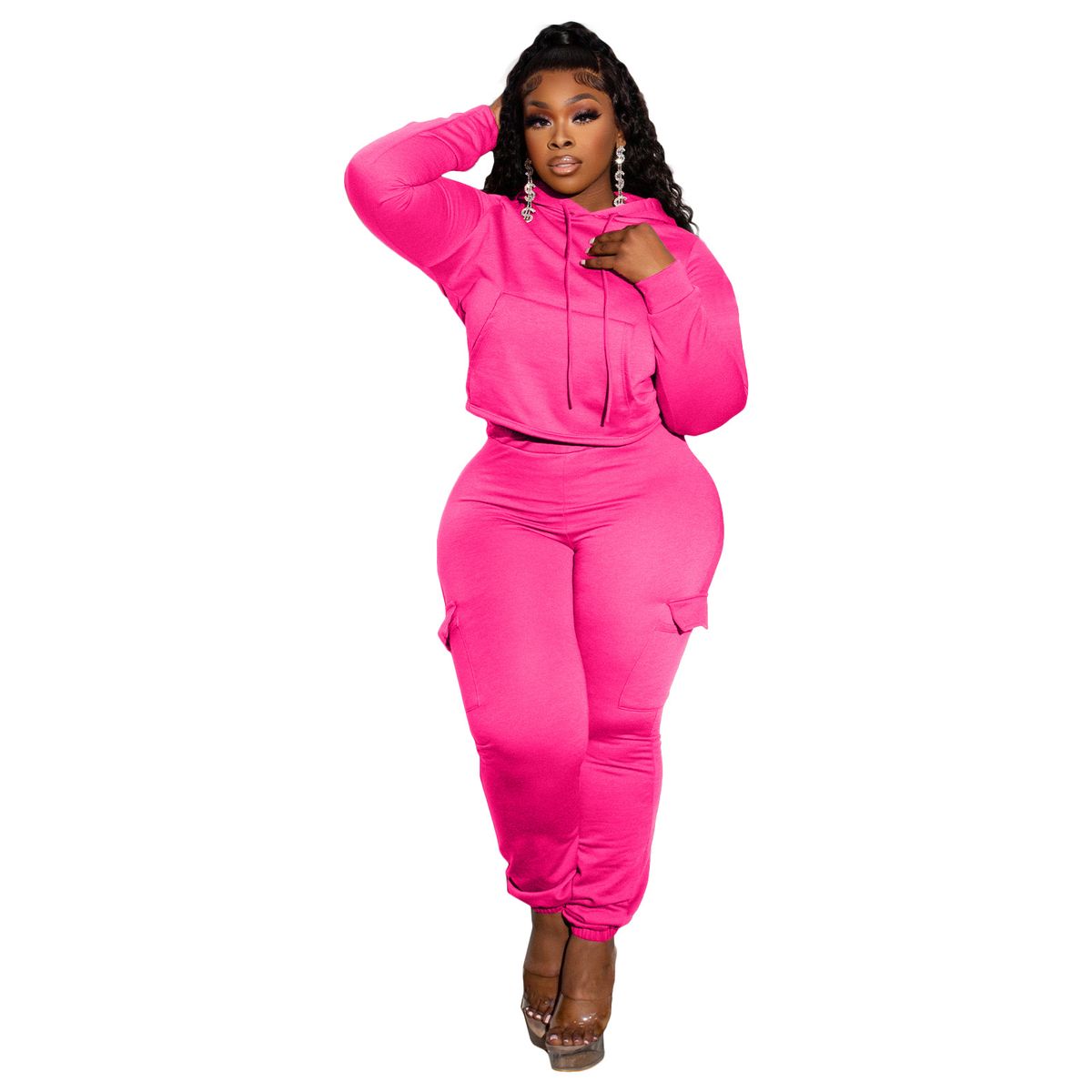 Patchwork Fleece Hoodie & Cargo Pants Set – Trendy Streetwear For Men & Women (S-XXL, Black/Gray/Pink)_ecoleips.com