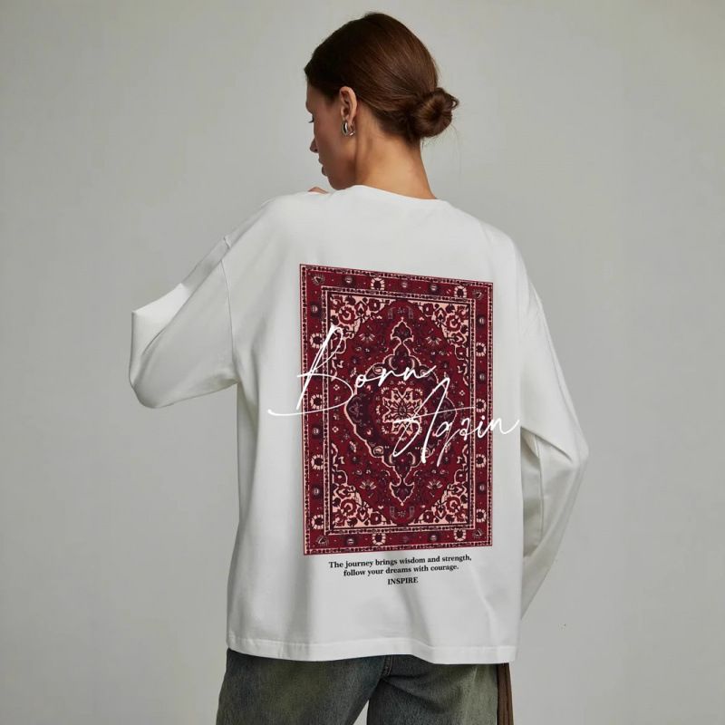 Vintage Design With A Niche, Fun, And High-end Feel, Printed 2025 Spring Mid-length Pure Cotton Long-sleeve T-shirt Top,_ecoleips.com