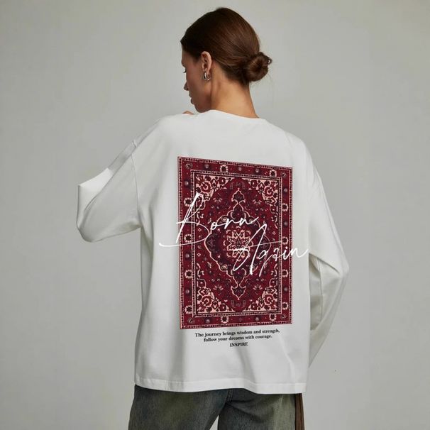 Vintage Design With A Niche, Fun, And High-end Feel, Printed 2025 Spring Mid-length Pure Cotton Long-sleeve T-shirt Top,_ecoleips.com