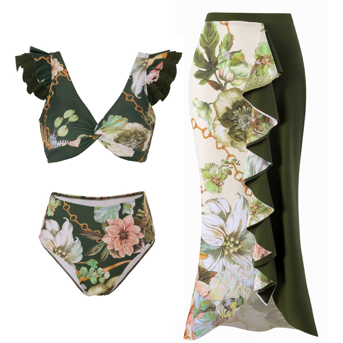 Women's Clothing Split Three Piece Set Three Dimensional Lace Shoulder Straps Fashionable Sexy Deep V Bikini_ecoleips.com