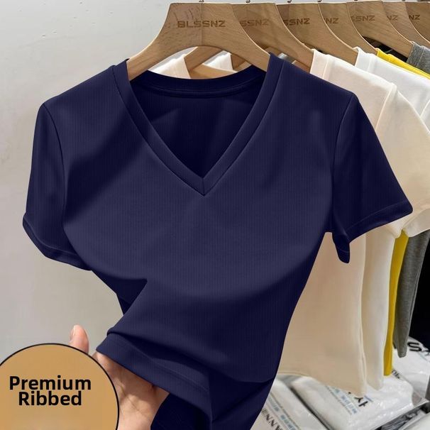 Women's Style Ribbed V Neck T Shirt Short Sleeved Summer Wear Slim Fit Fashionable Alluring Revealing Collarbone Trendy New Style_ecoleips.com