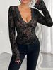 Aria Basics Aria Basics European And American Cross-Border 2025 Spring New Women's V-Neck Lace Patchwork Mesh Bell Sleeve T-Shirt Top_ecoleips.com