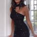 Women's Clothing Fashion Silver Sprinkled Halter Neck Oblique Shoulder Hip Wrapped Mid Length Sleeveless Glitter Sequins Slim Fit Gold Sprinkled Dress_ecoleips.com