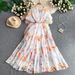 Women's French Style Floral Print Dress Elegant Romantic round Neck Lantern Sleeve Flowy Chiffon Maxi Summer Dress_ecoleips.com