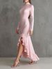 Women MockNeck Long Sleeve Lace Panel Pink Ruffle Slit Mermaid Maxi Dress Elegant Formal Summer Romantic Wedding Guest Slim Dres_ecoleips.com