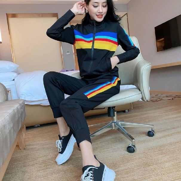 Women's Clothing New Slim Fit Fashionable Rainbow Fashion Running Two Piece Suits For Women_ecoleips.com