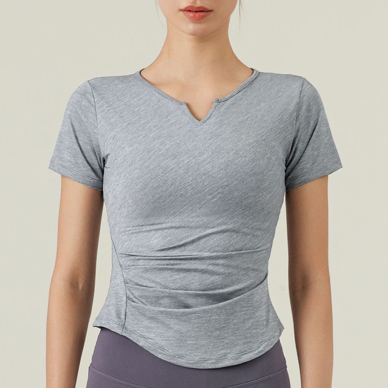 Women's Clothing V Neck Pleated Slim Yoga Short Sleeved Fitness Clothing Women's Tops Spring And Summer New Sports T Shirt_ecoleips.com