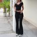 Women's Clothing Solid Color V Neck Short Sleeved T Shirt Flared Pants 2 Piece Set_ecoleips.com