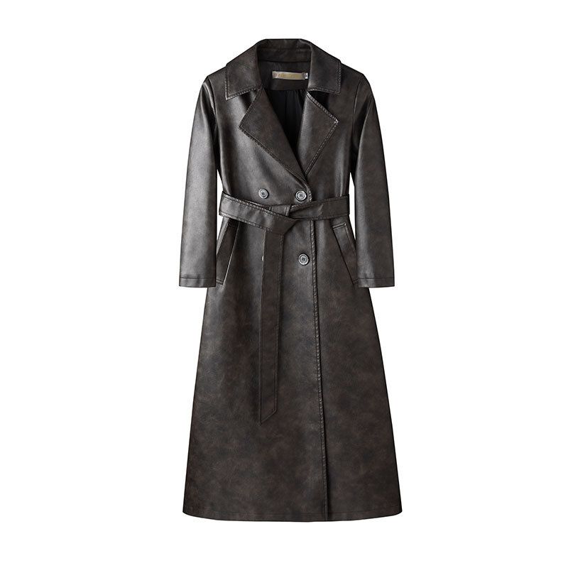Long Trench PU Leather Coat For Women – Slim-Fit Knee-Length Jacket With Belt (S-XXL, Black/Tan/Burgundy)_ecoleips.com