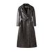 Long Trench PU Leather Coat For Women – Slim-Fit Knee-Length Jacket With Belt (S-XXL, Black/Tan/Burgundy)_ecoleips.com