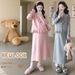 Autumn New Fashion Maternity Dress With Ruffled Hem And Pom-Pom Tie 2-Piece Set_ecoleips.com