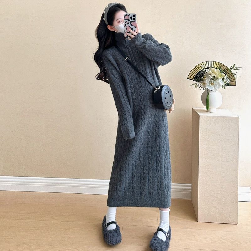 Autumn Winter New Korean Fashion Braided Half High Zipper Turn-Down Collar Knitted Maternity Dress_ecoleips.com