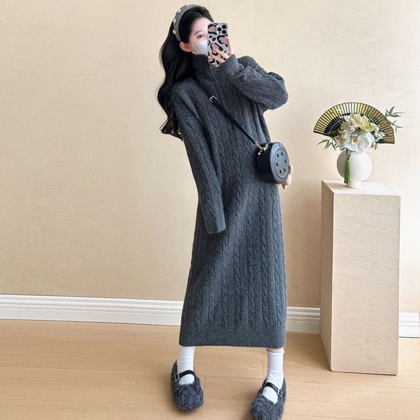 Autumn Winter New Korean Fashion Braided Half High Zipper Turn-Down Collar Knitted Maternity Dress_ecoleips.com