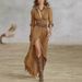 Women's Elegant Long Sleeved Dress European American Style V Neck Waist Cinching Pleated Loose Slit Retro French 2025 New_ecoleips.com