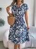 Women's Clothing Spring And Summer Casual V Neck Button Bat Sleeve Flower Swing Dress_ecoleips.com