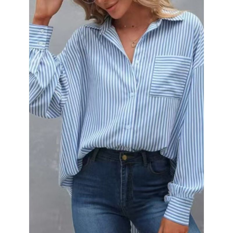 Spring Women's Pocket Loose Top, Striped Classic Long-Sleeved Work Shirt Top_ecoleips.com