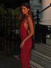 Hugcitar Solid V Neck Halter Sleeveless Backless Ruched Sexy Bodycon Maxi Dress 2025 Spring Fashion Outfits Party Festival_ecoleips.com