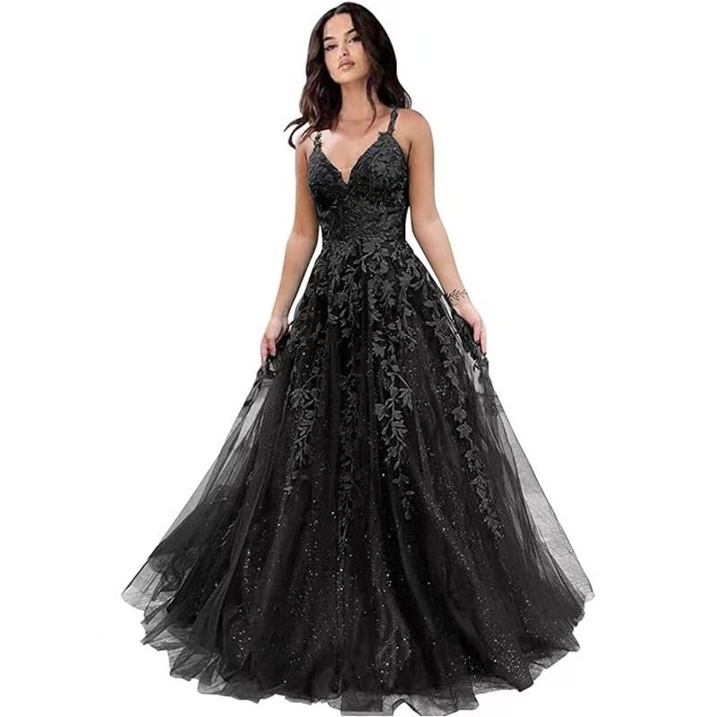 Women’s Clothing Glitter Tulle Ball Gown Women's Lace Applique Long Ball Gown with Spaghetti Straps A Line_ecoleips.com