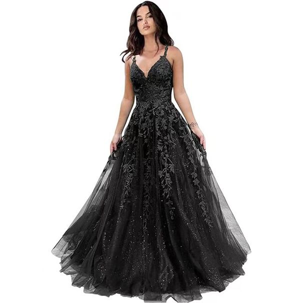 Women’s Clothing Glitter Tulle Ball Gown Women's Lace Applique Long Ball Gown with Spaghetti Straps A Line_ecoleips.com
