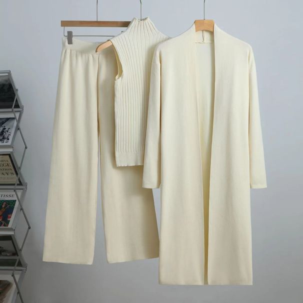 Elegant Knit Lounge Set - Sleeveless Vest, Cardigan & Pants (3-Piece Outfit, Solid Colors, Versatile Sizing)_ecoleips.com