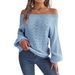 Solid Color Hollow One-word Collar Off-the-shoulder Lantern Sleeve Sweater Women's Clothing_ecoleips.com