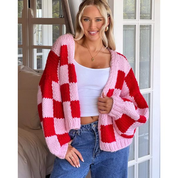 Fall/Winter Casual Loose Grid Colorful Coarse Knit Sweater-Cute Knitted Outerwear For Women Wholesale_ecoleips.com