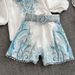 Women's Premium Selection Fashion Set Stand Collar Loose Lantern Sleeve Position Print High Waist Two Piece Shirt_ecoleips.com